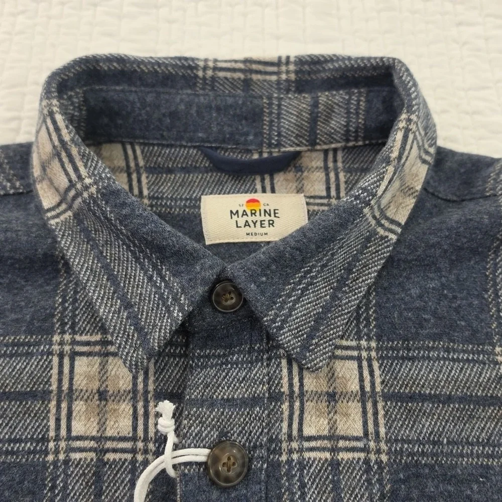 Marine Layer Pacifica Stretch Twill Shirt Mens Medium Blue Plaid $148 NWT NEW